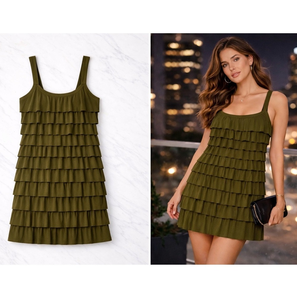 Alice + Olivia Olive Green Tiered Ruffle Silk Blend Mini Dress 91-922-269